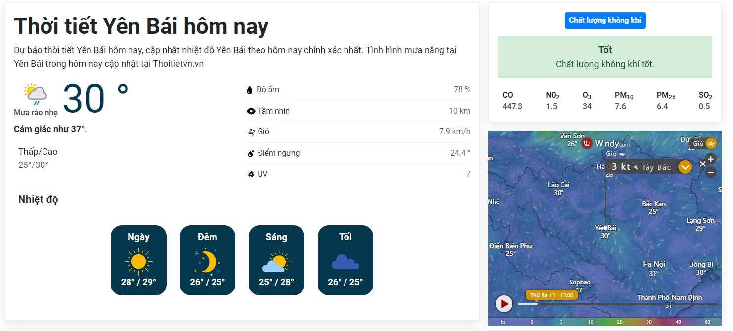 Dự báo thời tiết Yên Bái hôm nay được cập nhật dữ liệu theo thời gian thực