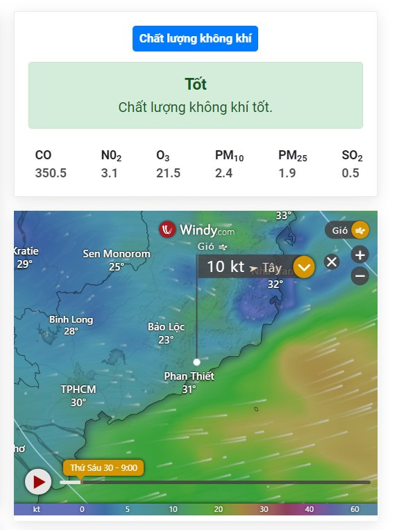  Thông tin về chất lượng không khí được thể hiện chi tiết